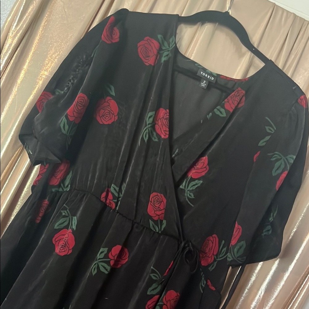 torrid Black Floral Wrap Midi Dress with Red Roses - Picture 2 of 2